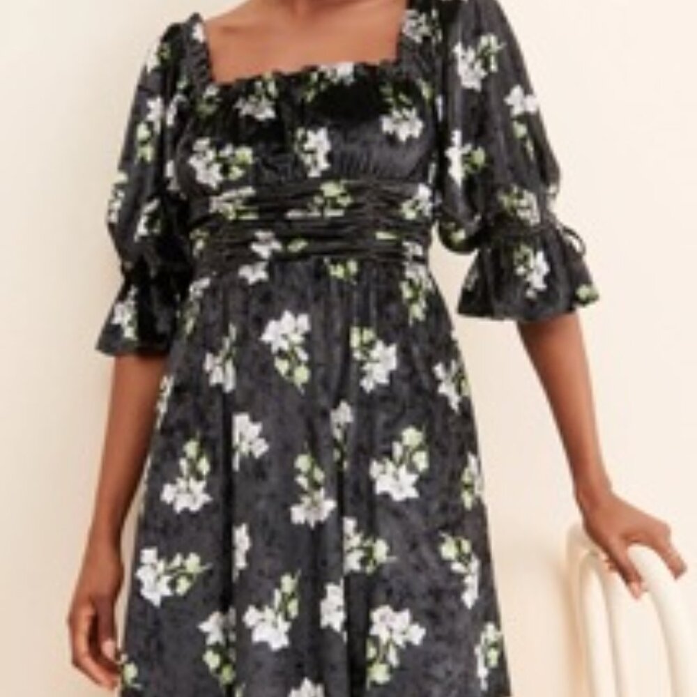 Hutch Velvet floral mini dress with flared sleeves XL